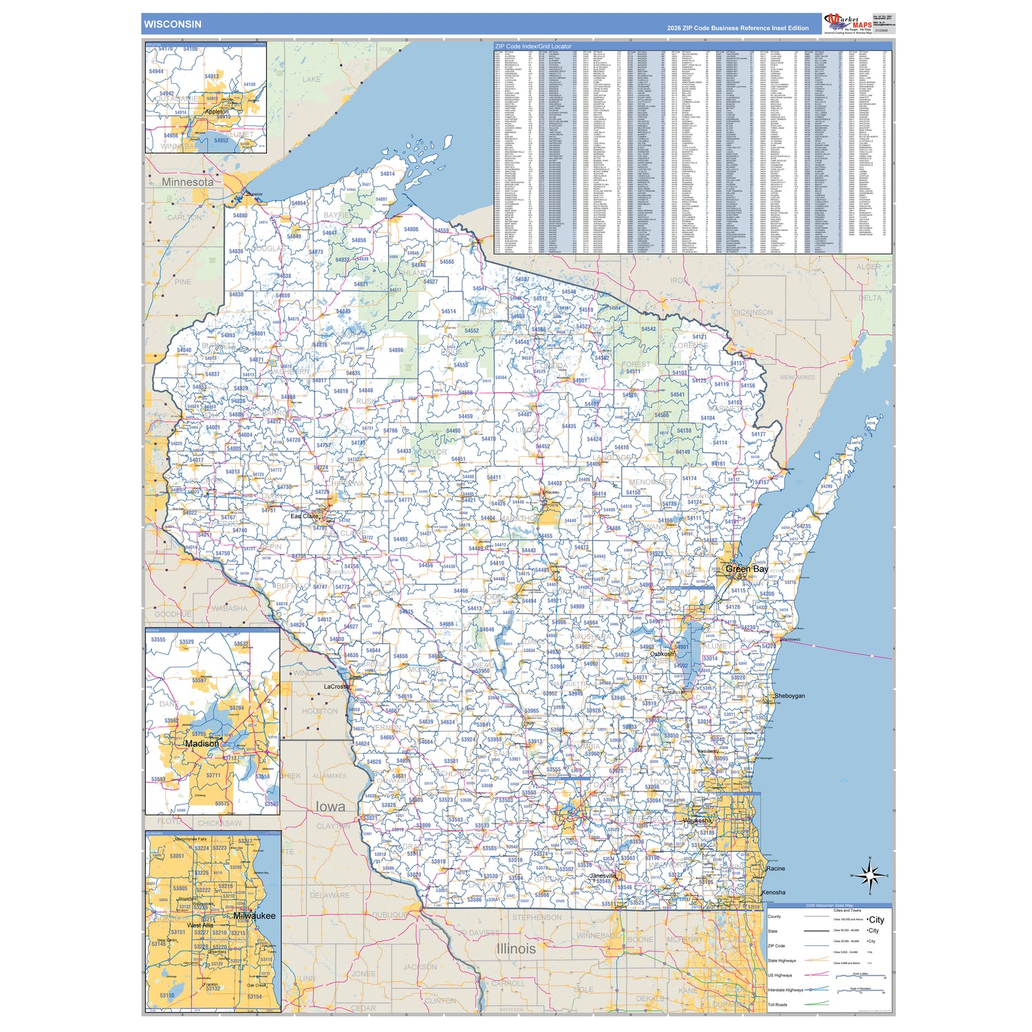 Wisconsin ZIP Code Wall Maps