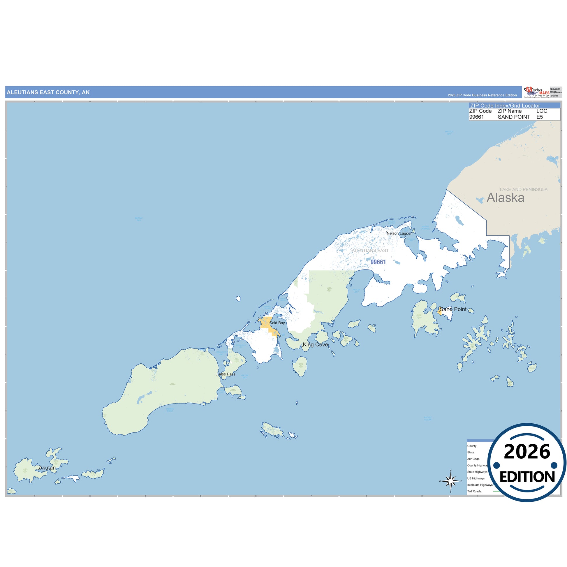 Aleutians East County, AK Business Reference map with detailed roads, cities, and ZIP code boundaries.