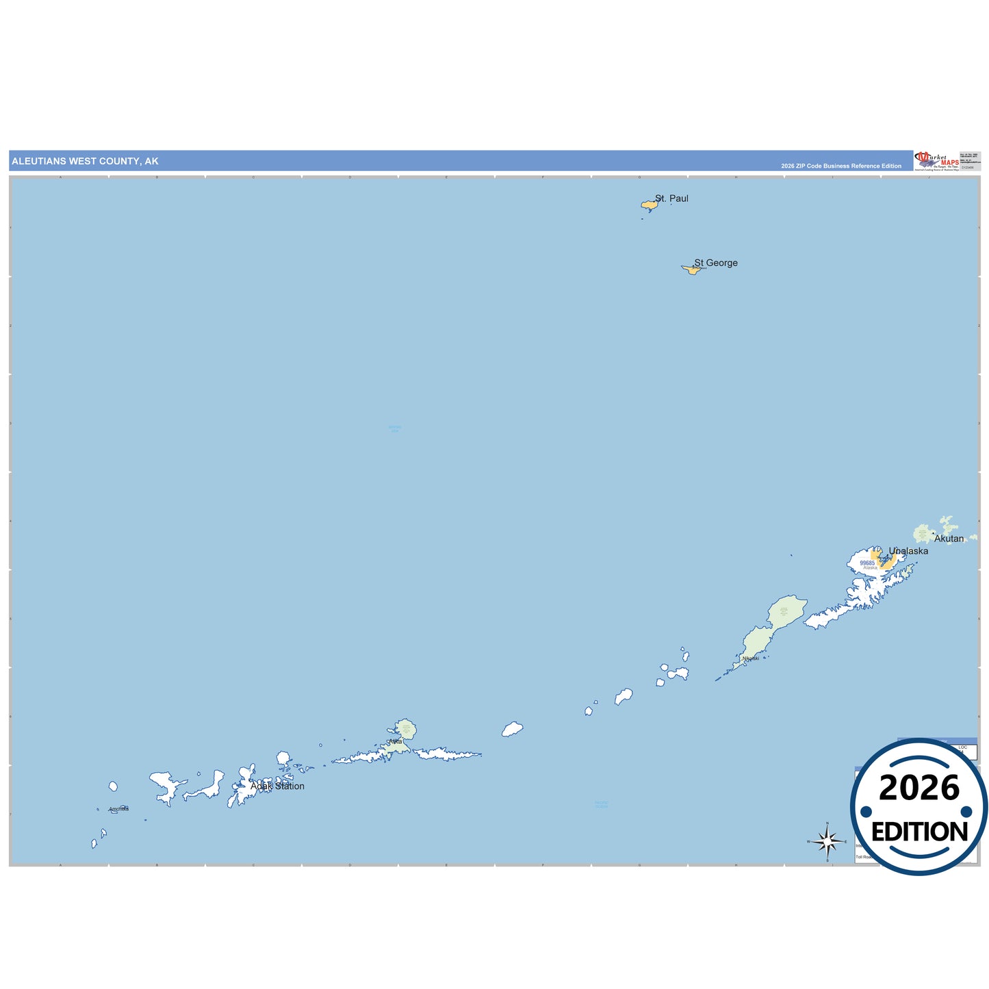 Aleutians West County, AK Business Reference 5 Digit ZIP Code Wall Map
