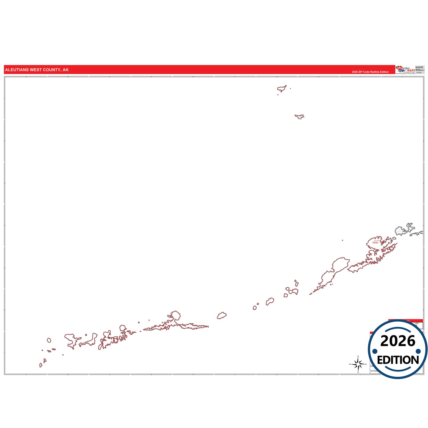 Aleutians West County, AK Red Line map with 5-digit ZIP codes, major roads, cities, and county boundaries.