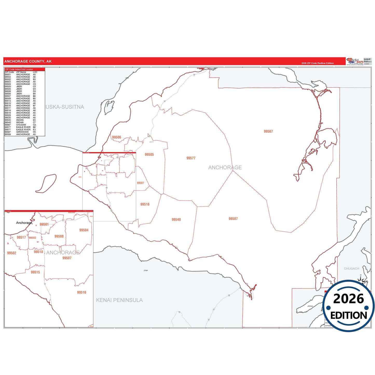 Anchorage County, AK Red Line 5-Digit ZIP Code Wall Map