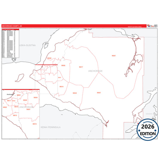 Anchorage County, AK Red Line 5-Digit ZIP Code Wall Map