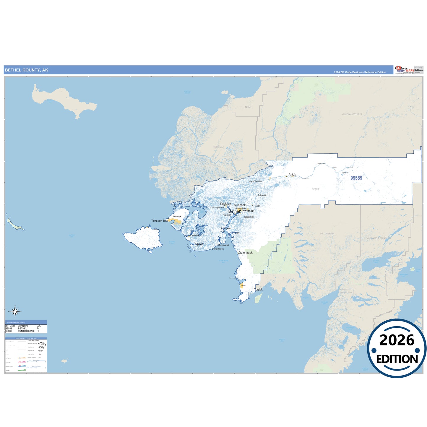 Bethel County, AK Business Reference map with detailed roads, cities, and ZIP code boundaries.