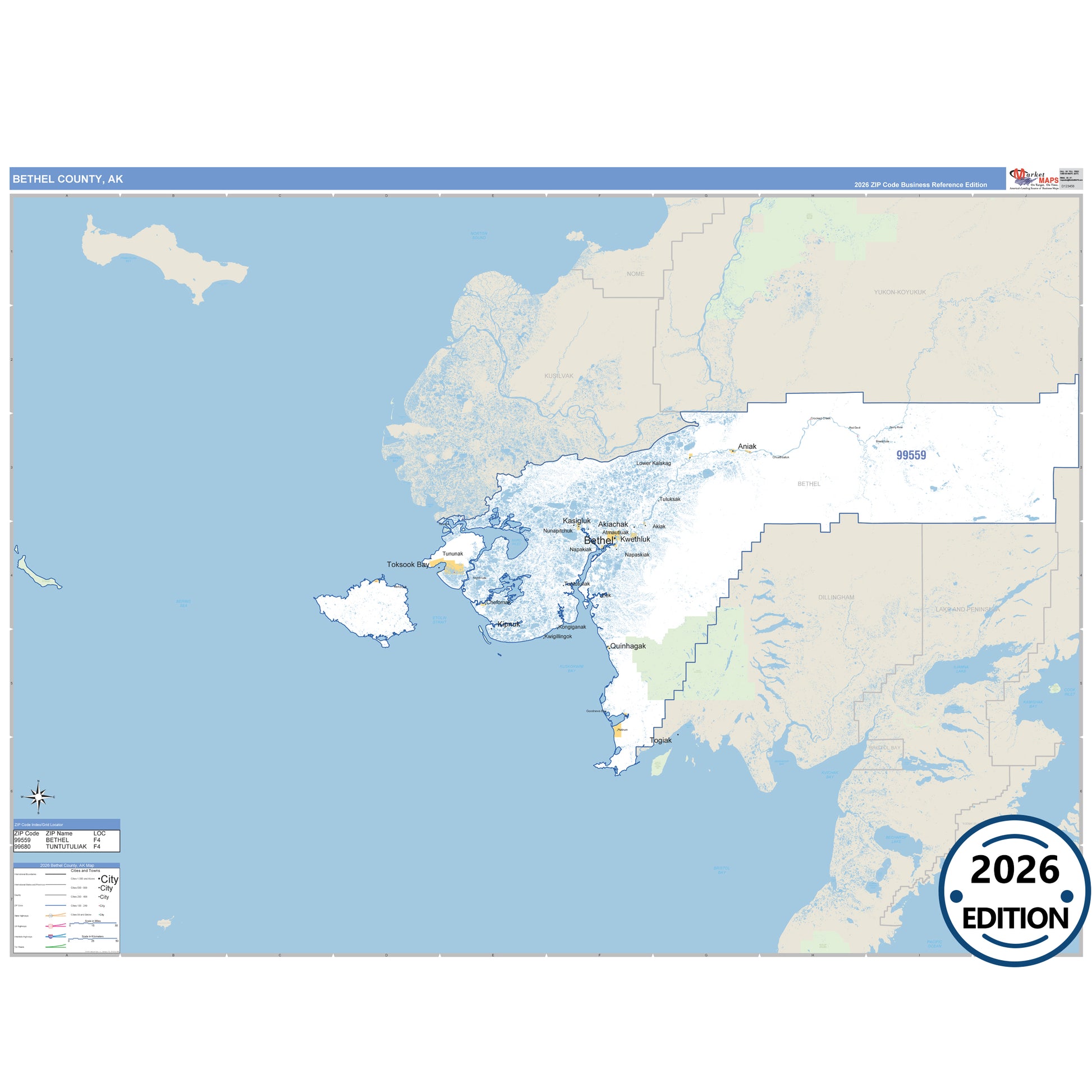 Bethel County, AK Business Reference map with detailed roads, cities, and ZIP code boundaries.