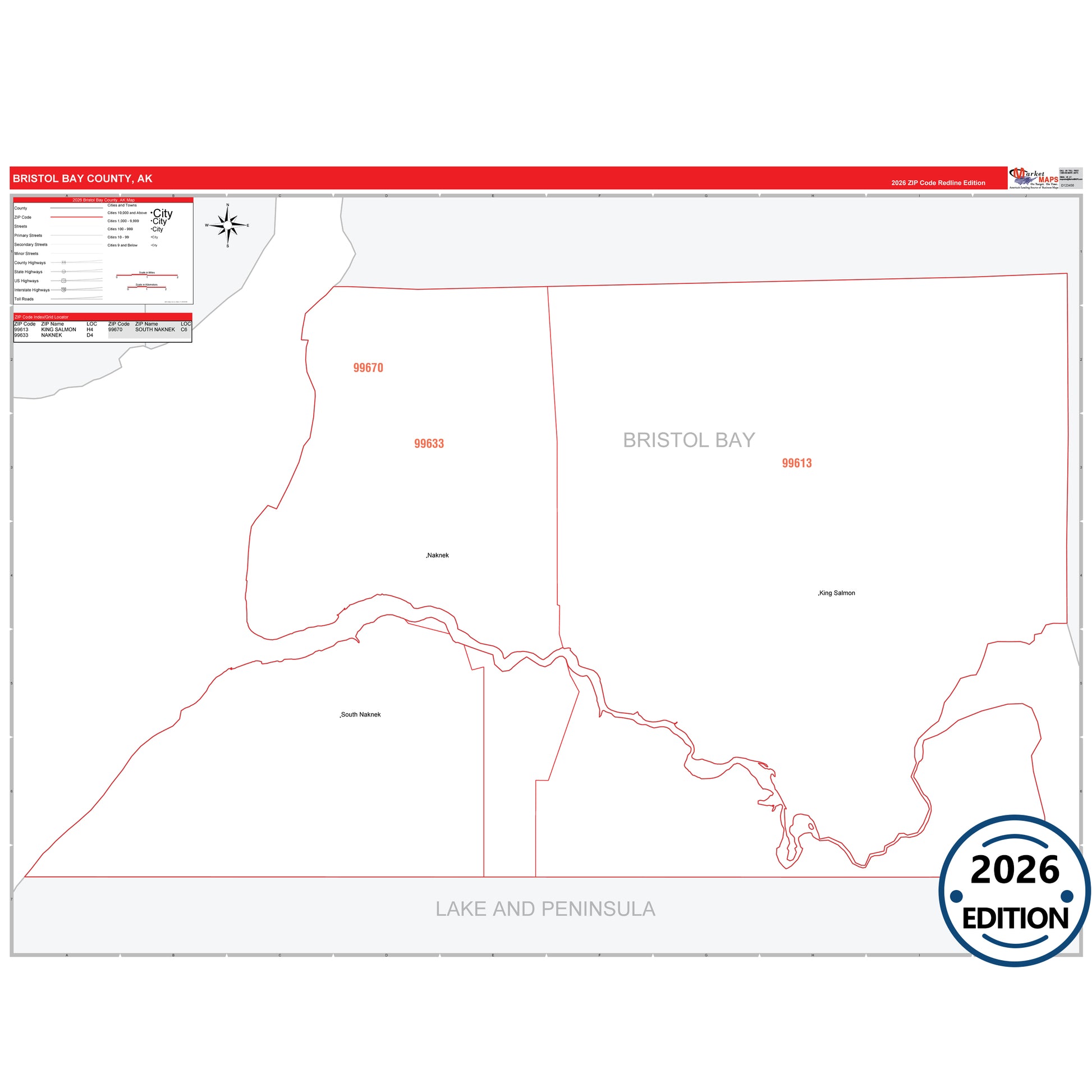 Bristol Bay County, AK Red Line map with 5-digit ZIP codes, major roads, cities, and county boundaries.