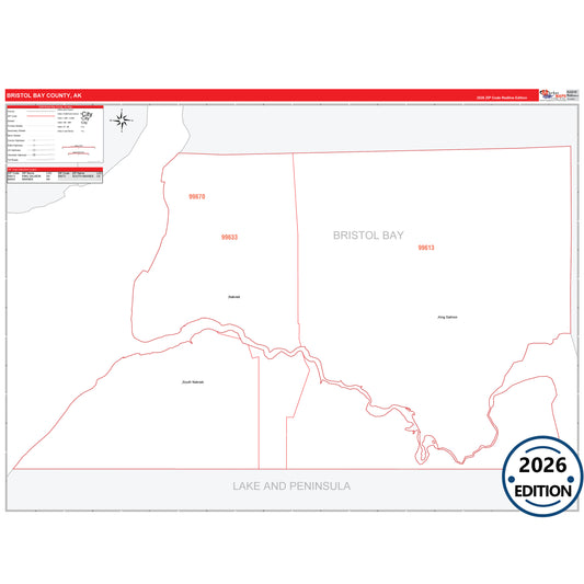 Bristol Bay County, AK Red Line map with 5-digit ZIP codes, major roads, cities, and county boundaries.