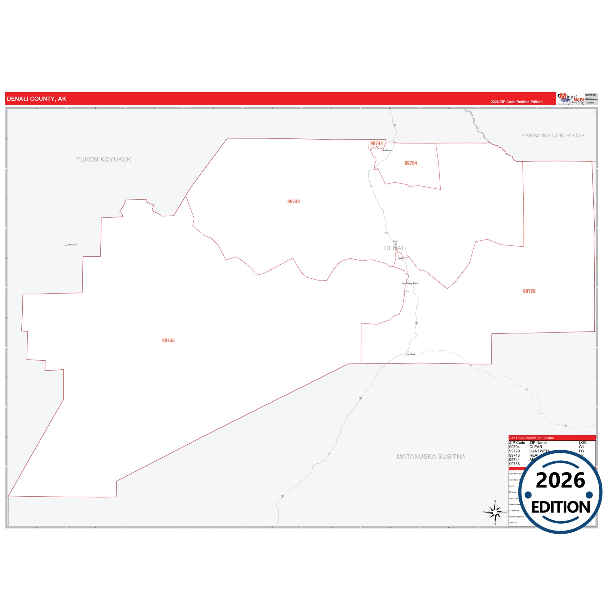 Denali County, AK Red Line map with 5-digit ZIP codes, major roads, cities, and county boundaries.