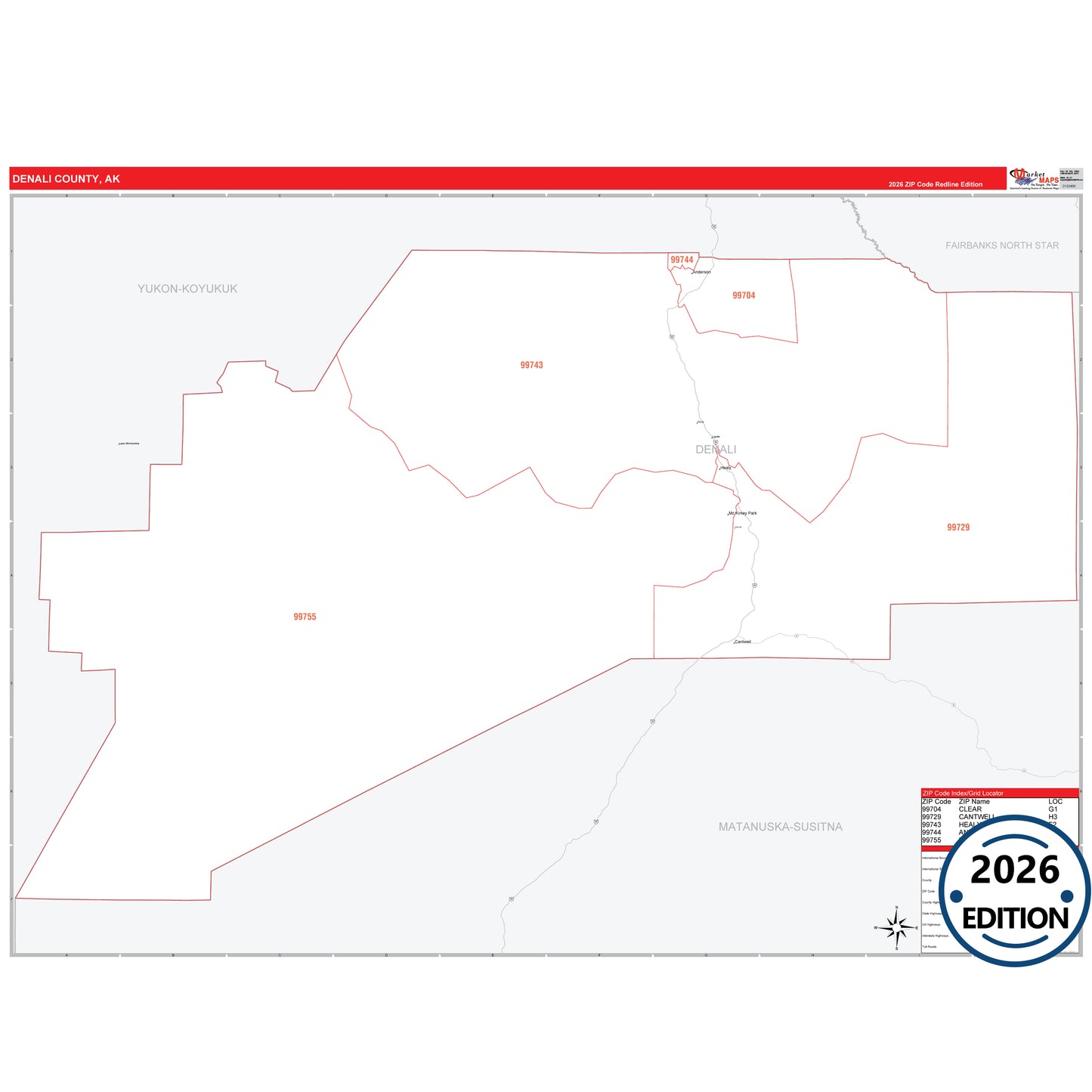 Denali County, AK Red Line 5-Digit ZIP Code Wall Map