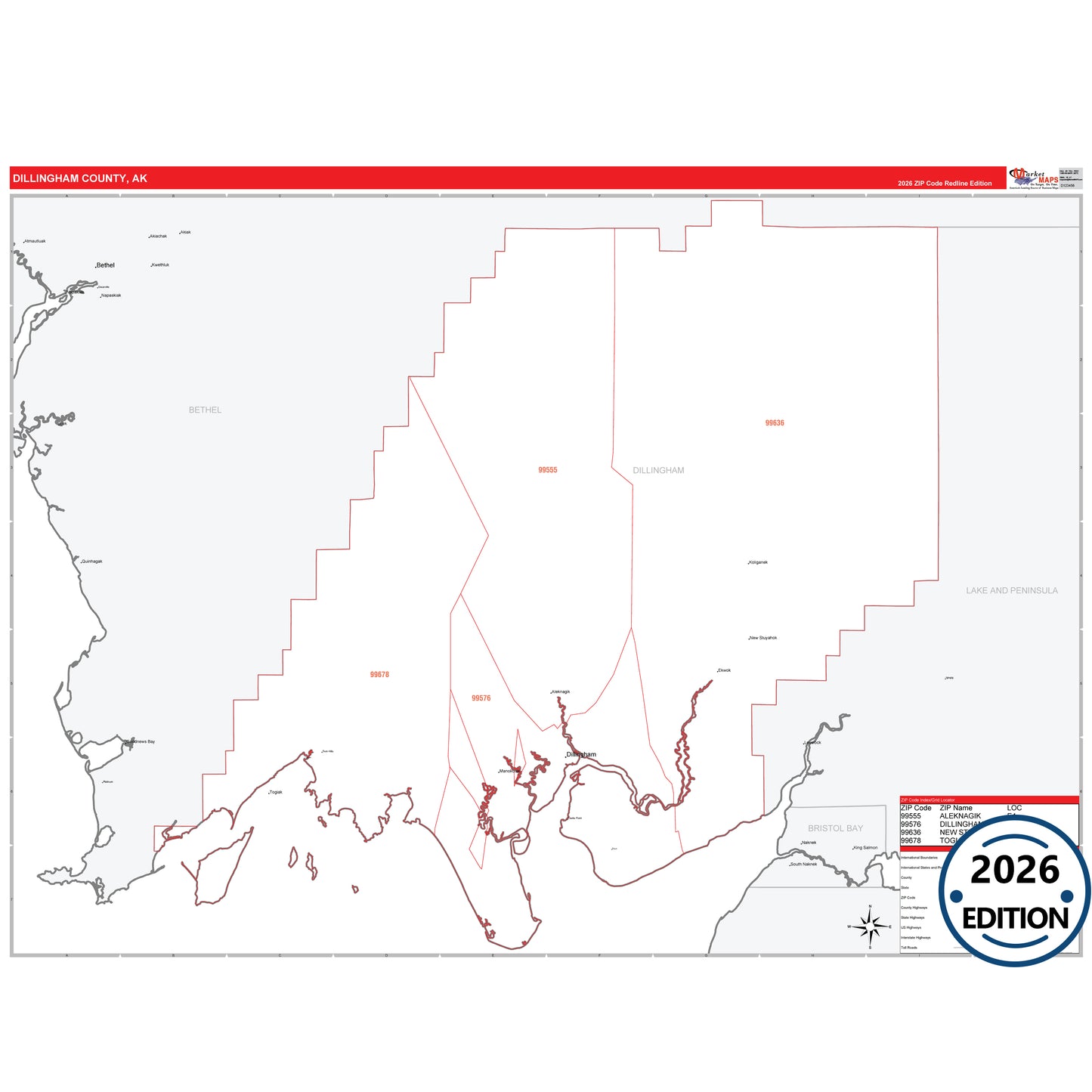 Dillingham County, AK Red Line map with 5-digit ZIP codes, major roads, cities, and county boundaries.