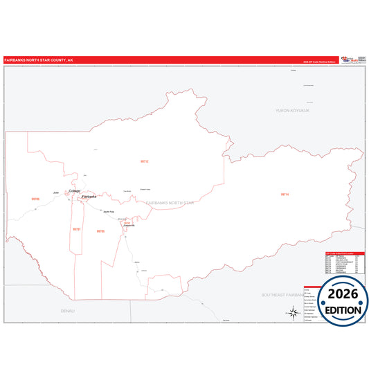 Fairbanks North Star County, AK Red Line 5 Digit ZIP Code Wall Map