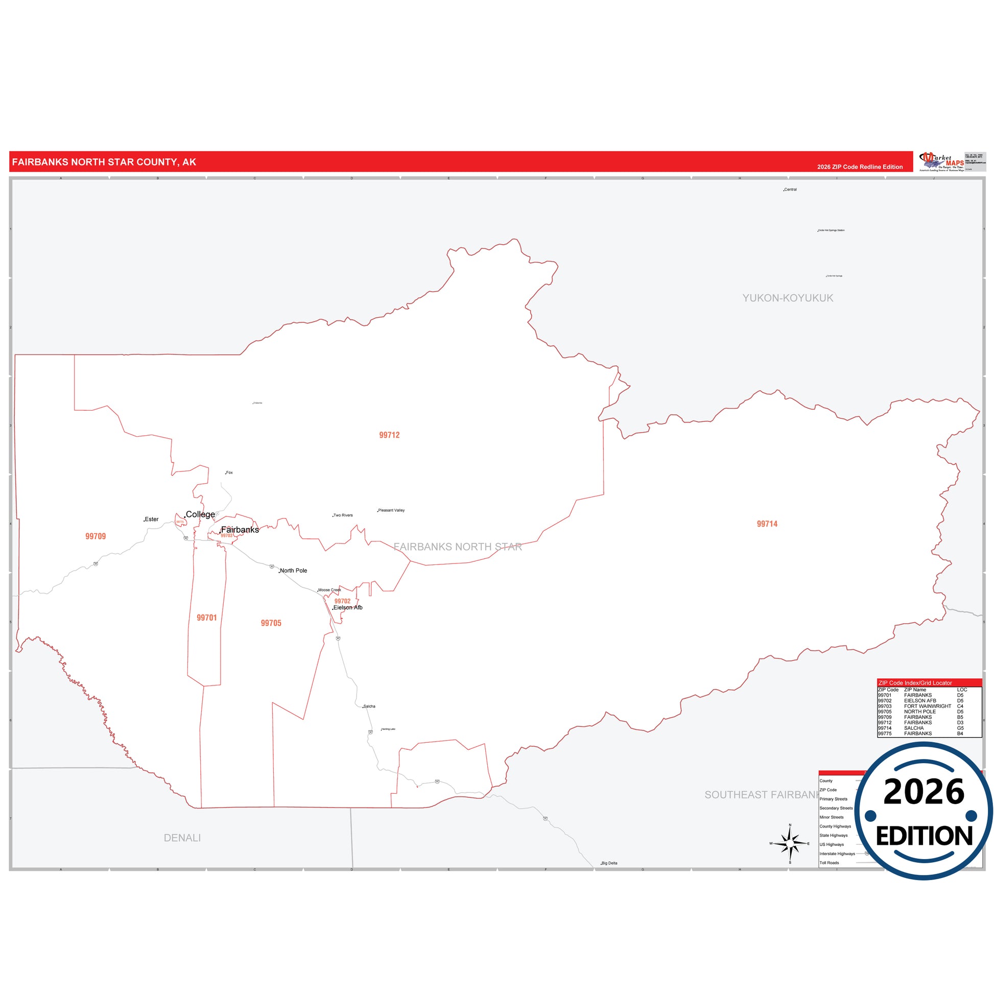 Fairbanks North Star County, AK Red Line map with 5-digit ZIP codes, major roads, cities, and county boundaries.