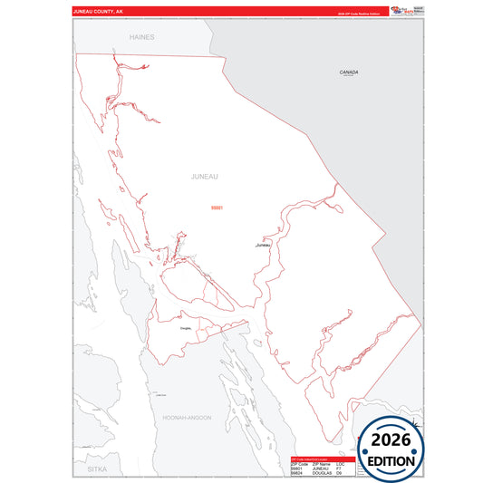 Juneau County, AK Red Line map with 5-digit ZIP codes, major roads, cities, and county boundaries.