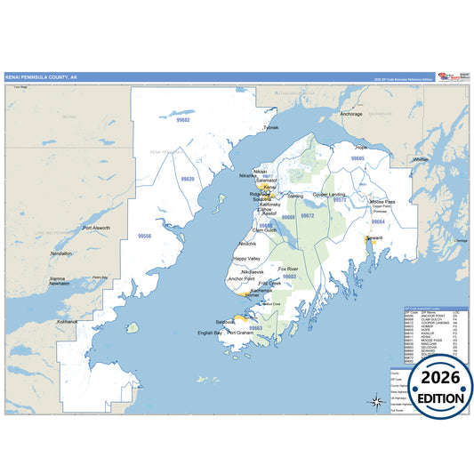 Kenai Peninsula County, AK Business Reference 5-Digit ZIP Code Wall Map