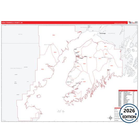 Kenai Peninsula County, AK Red Line 5-Digit ZIP Code Wall Map