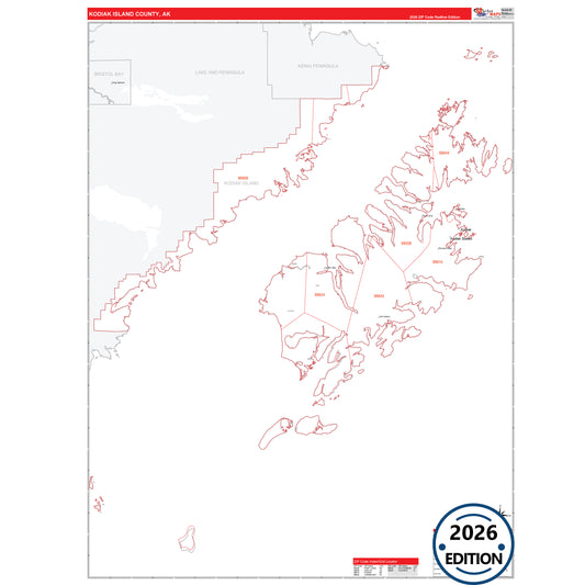 Kodiak Island County, AK Red Line 5-Digit ZIP Code Wall Map