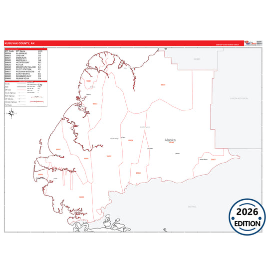 Kulsilvak County, AK Red Line 5-Digit ZIP Code Wall Map
