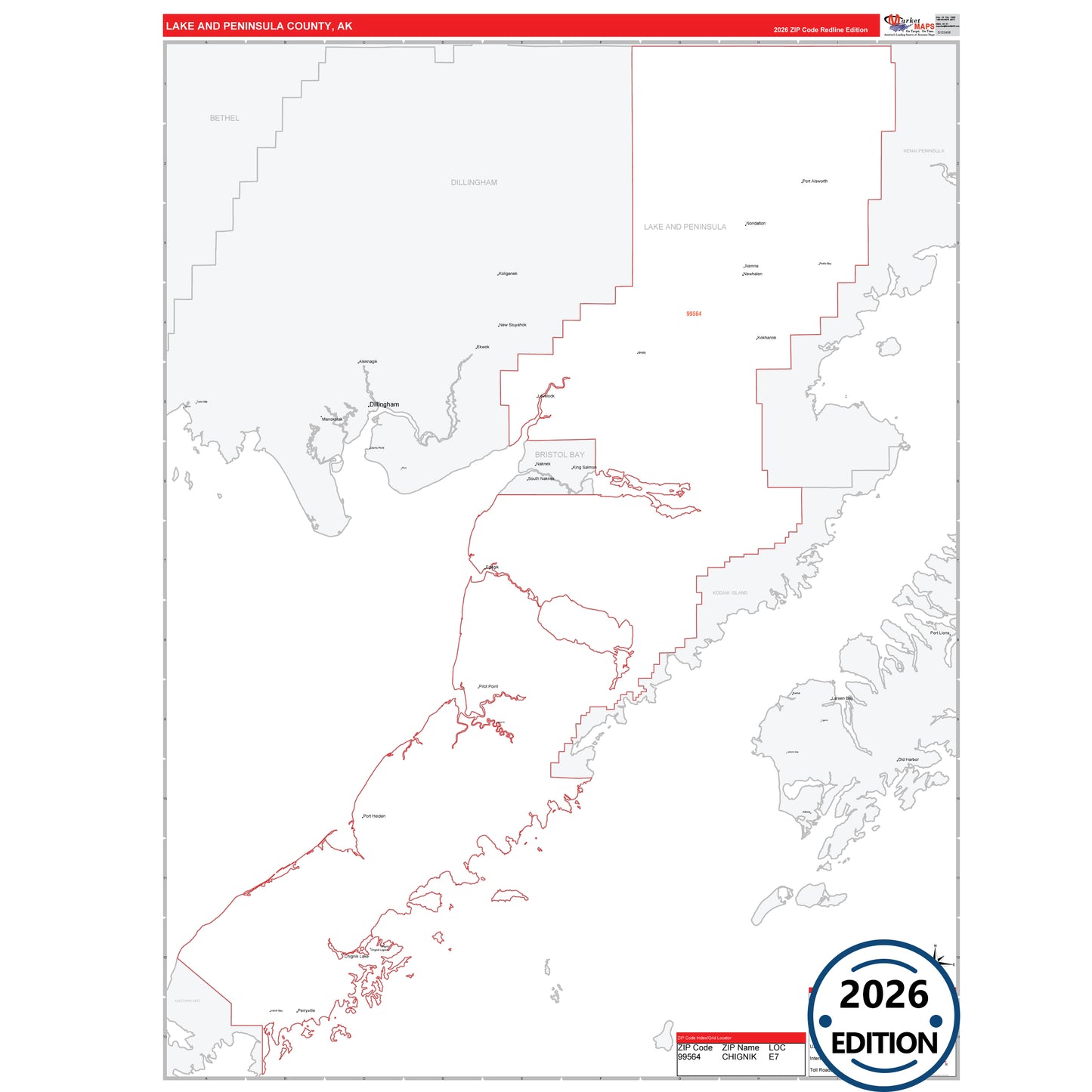 Lake And Peninsula County, AK Red Line map with 5-digit ZIP codes, major roads, cities, and county boundaries.