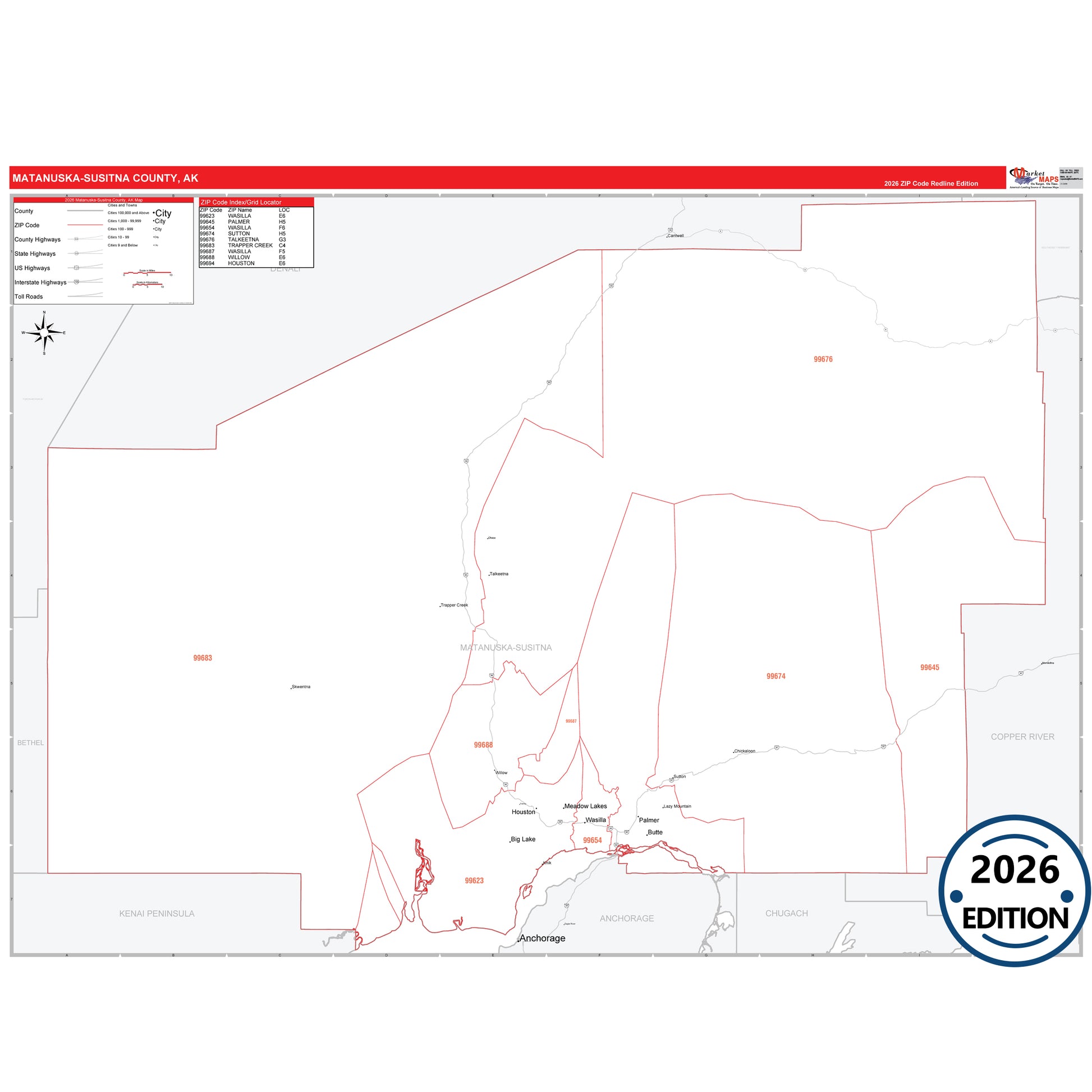 Matanuska-Susitna County, AK Red Line map with 5-digit ZIP codes, major roads, cities, and county boundaries.