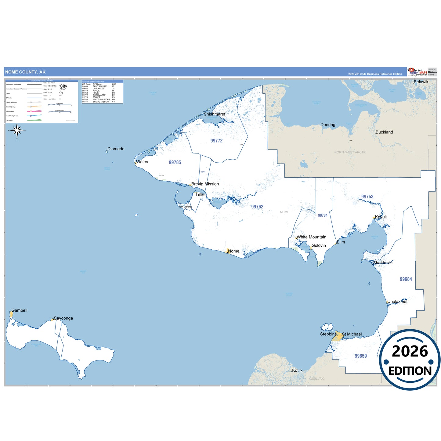 Nome County, AK Business Reference 5-Digit ZIP Code Wall Map