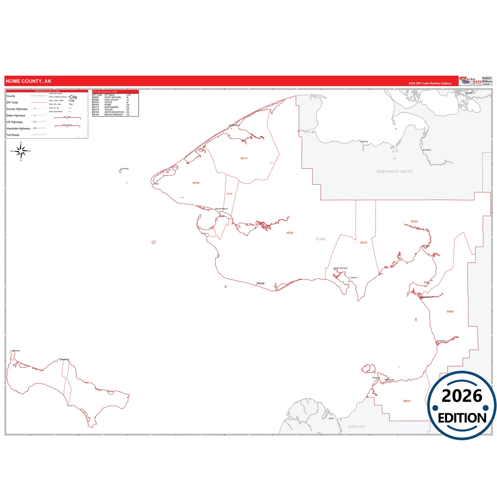 Nome County, AK Red Line map with 5-digit ZIP codes, major roads, cities, and county boundaries.