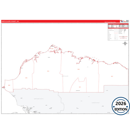 North Slope County, AK Red Line map with 5-digit ZIP codes, major roads, cities, and county boundaries.
