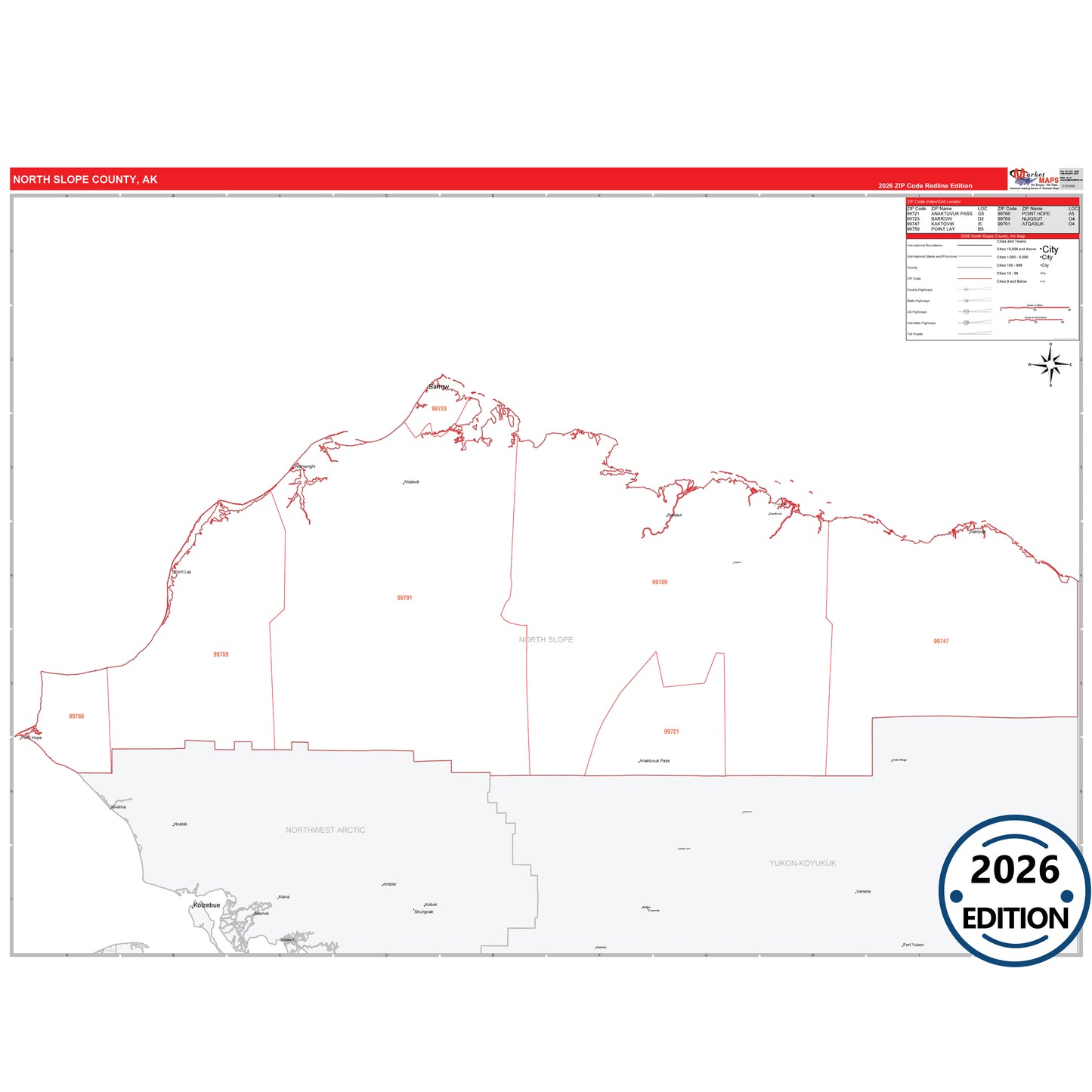 North Slope County, AK Red Line map with 5-digit ZIP codes, major roads, cities, and county boundaries.