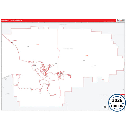 Northwest Arctic County, AK Red Line map with 5-digit ZIP codes, major roads, cities, and county boundaries.
