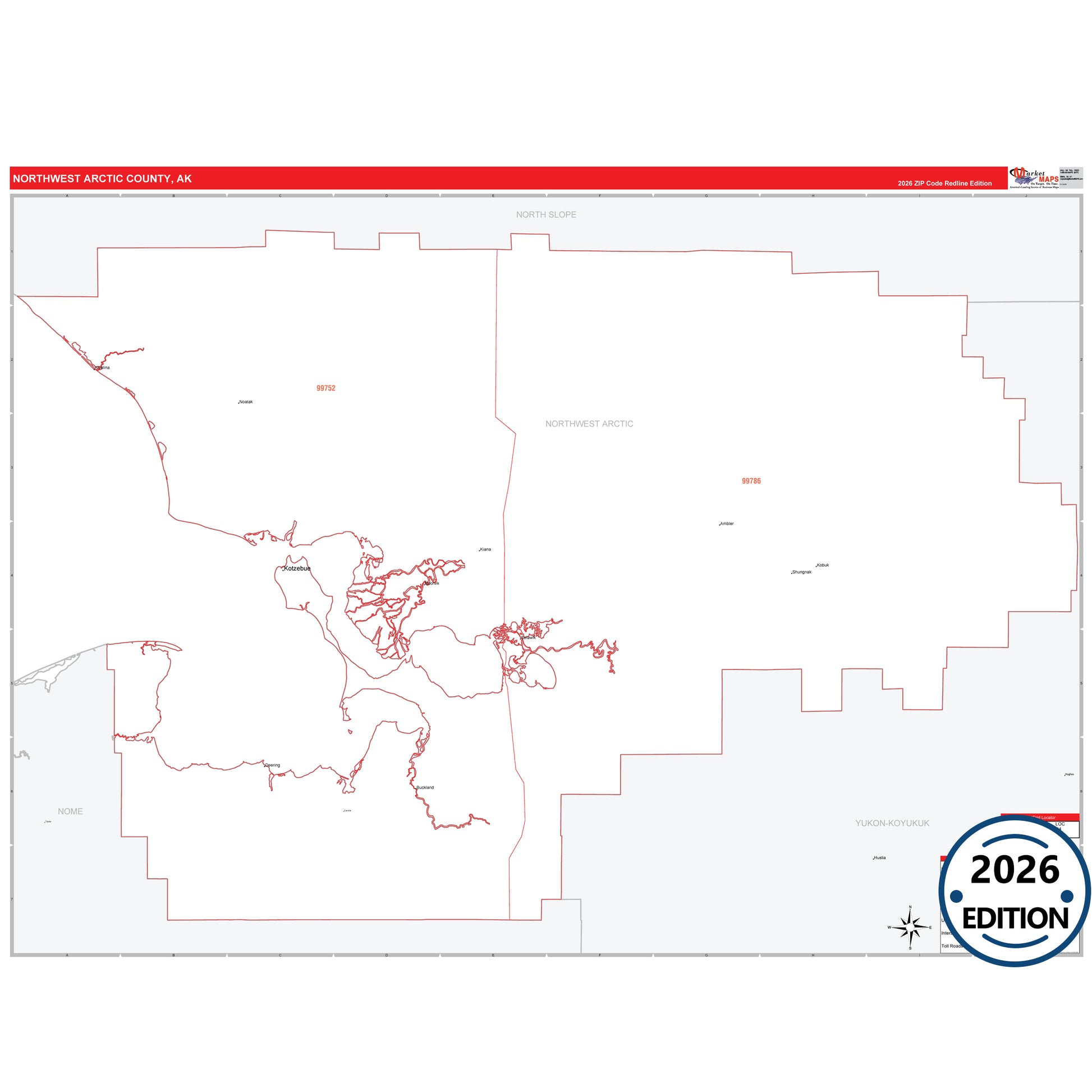 Northwest Arctic County, AK Red Line map with 5-digit ZIP codes, major roads, cities, and county boundaries.
