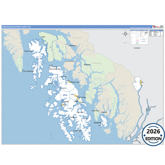 Prince Of Wales-Hyder County, AK Business Reference map with detailed roads, cities, and ZIP code boundaries.