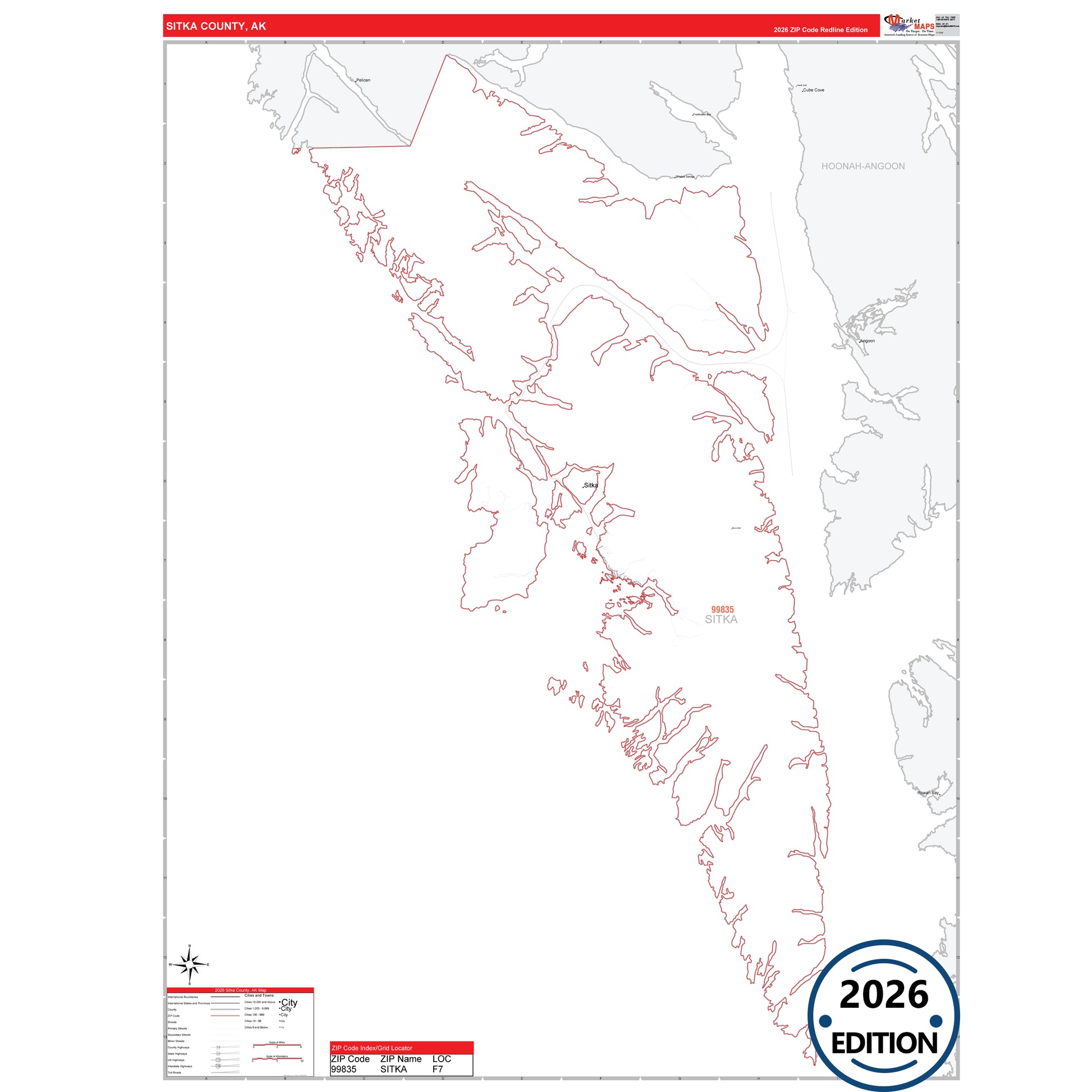 Sitka County, AK Red Line map with 5-digit ZIP codes, major roads, cities, and county boundaries.