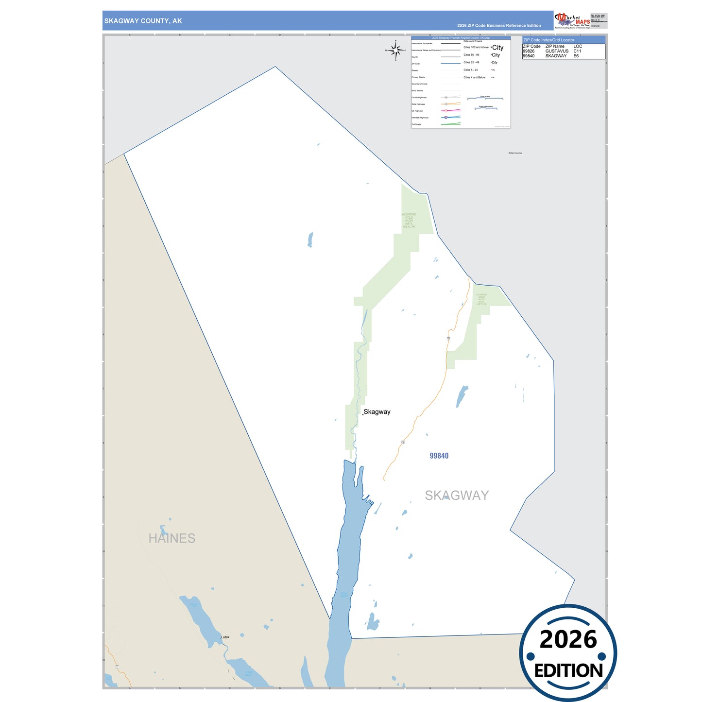 Skagway County, AK Business Reference 5-Digit ZIP Code Wall Map