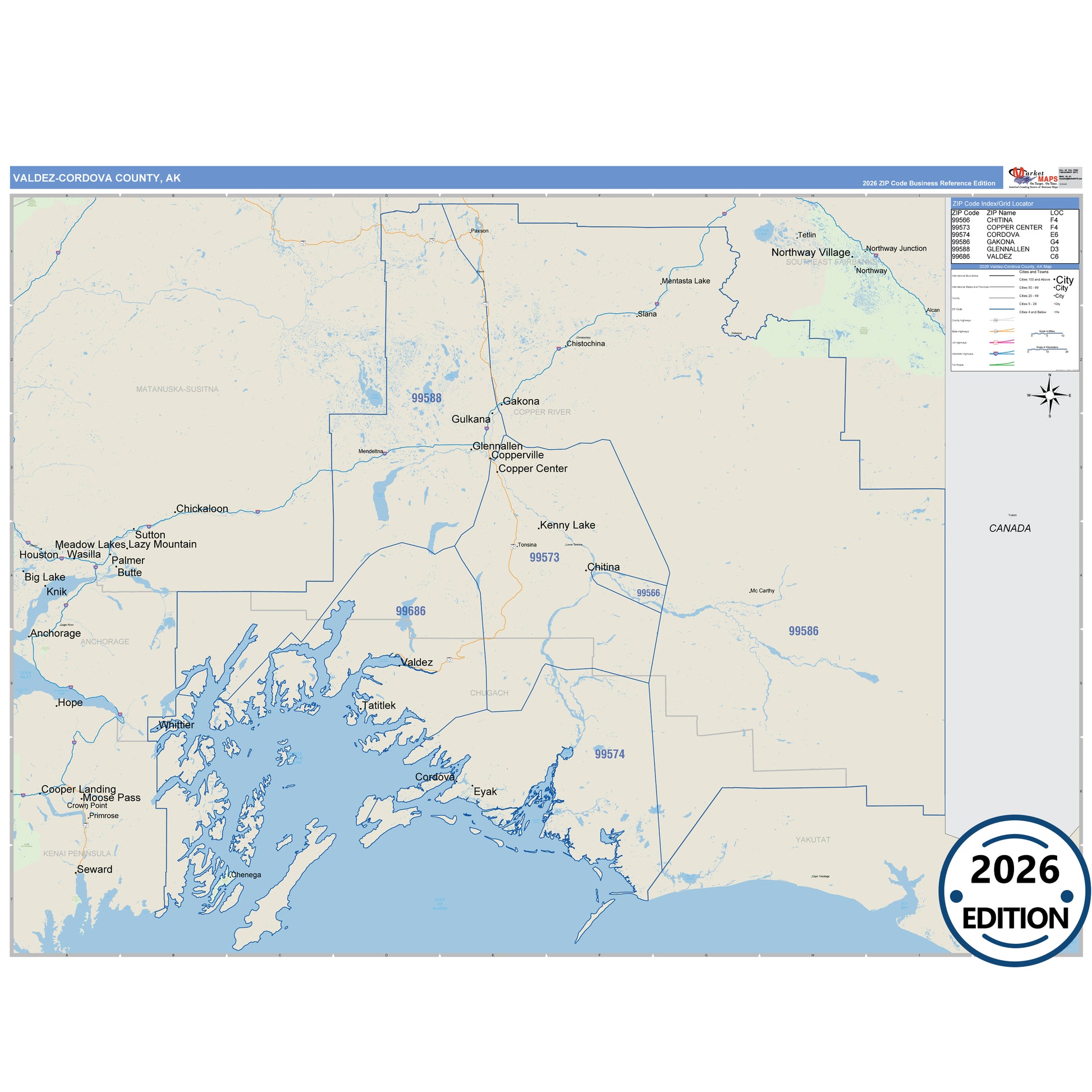 Valdez-Cordova County, AK Business Reference map with detailed roads, cities, and ZIP code boundaries.