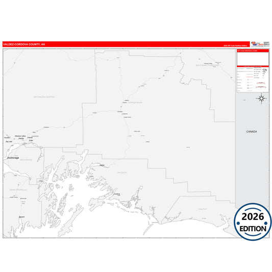 Valdez-Cordova County, AK Red Line map with 5-digit ZIP codes, major roads, cities, and county boundaries.