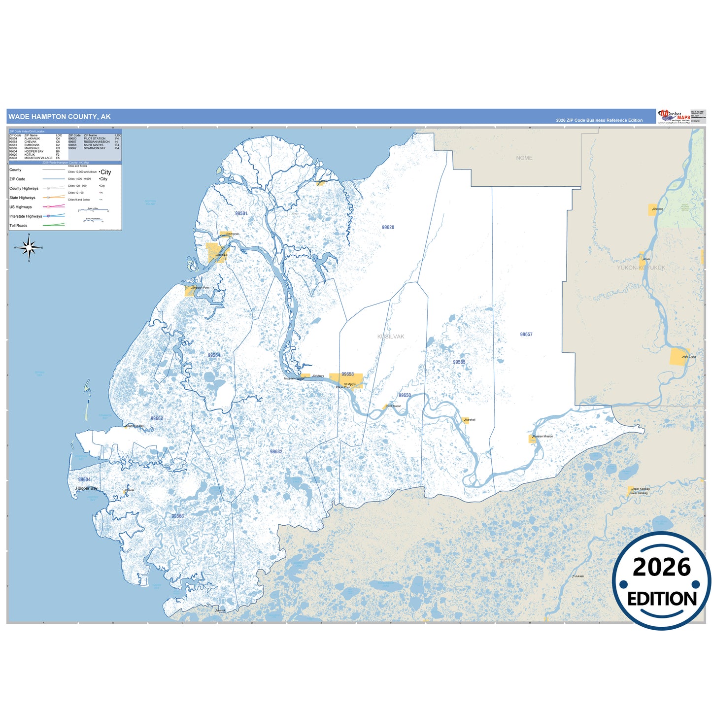Wade Hampton County, AK Business Reference 5-Digit ZIP Code Wall Map
