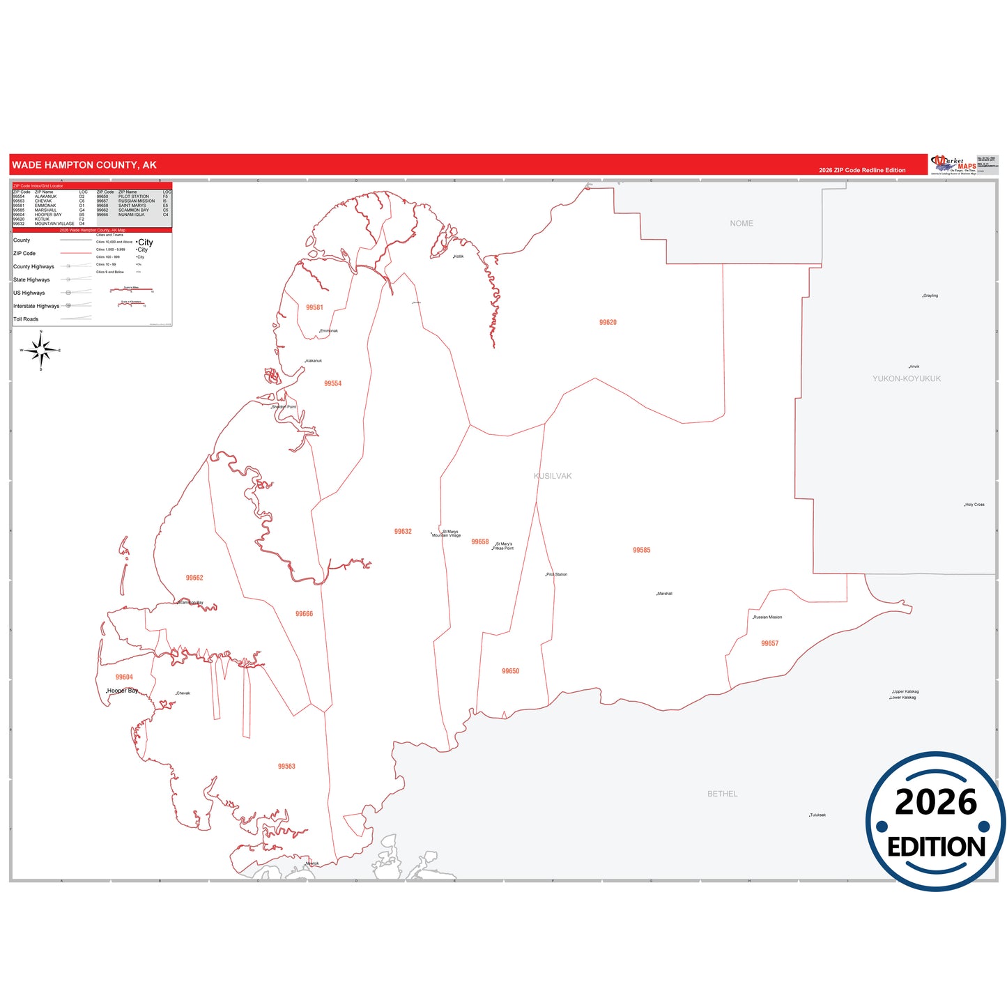 Wade Hampton County, AK Red Line 5-Digit ZIP Code Wall Map