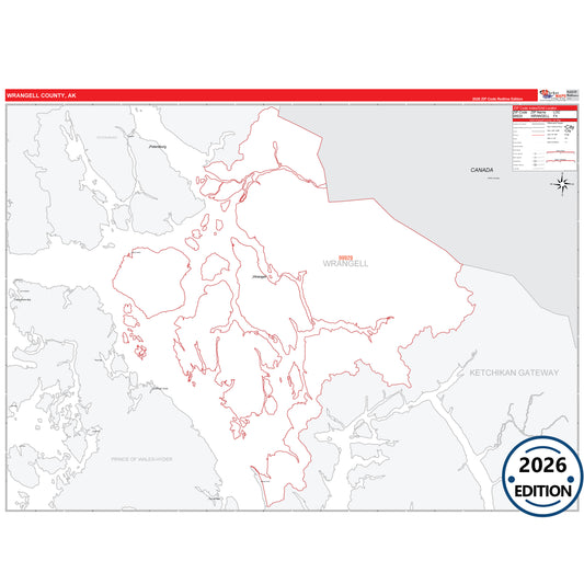 Wrangell County, AK Red Line map with 5-digit ZIP codes, major roads, cities, and county boundaries.