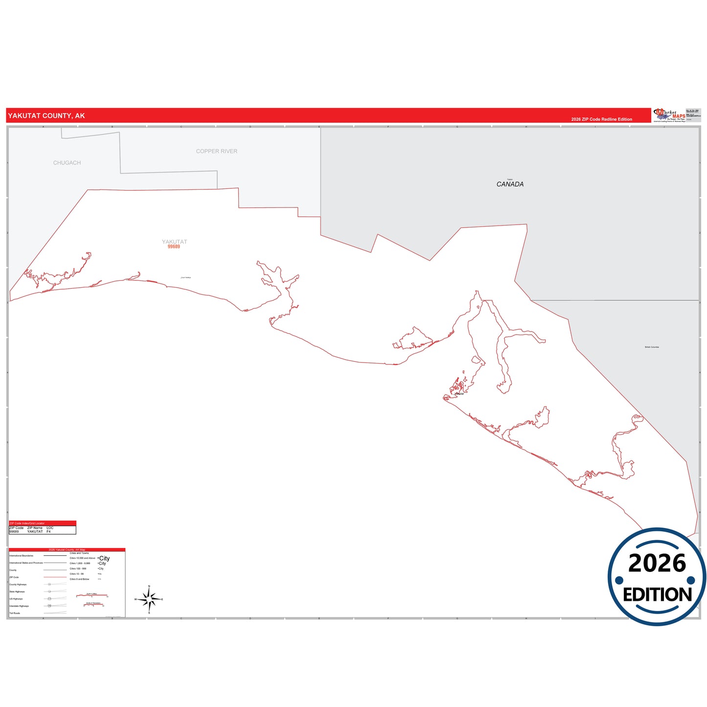 Yakutat County, AK Red Line map with 5-digit ZIP codes, major roads, cities, and county boundaries.