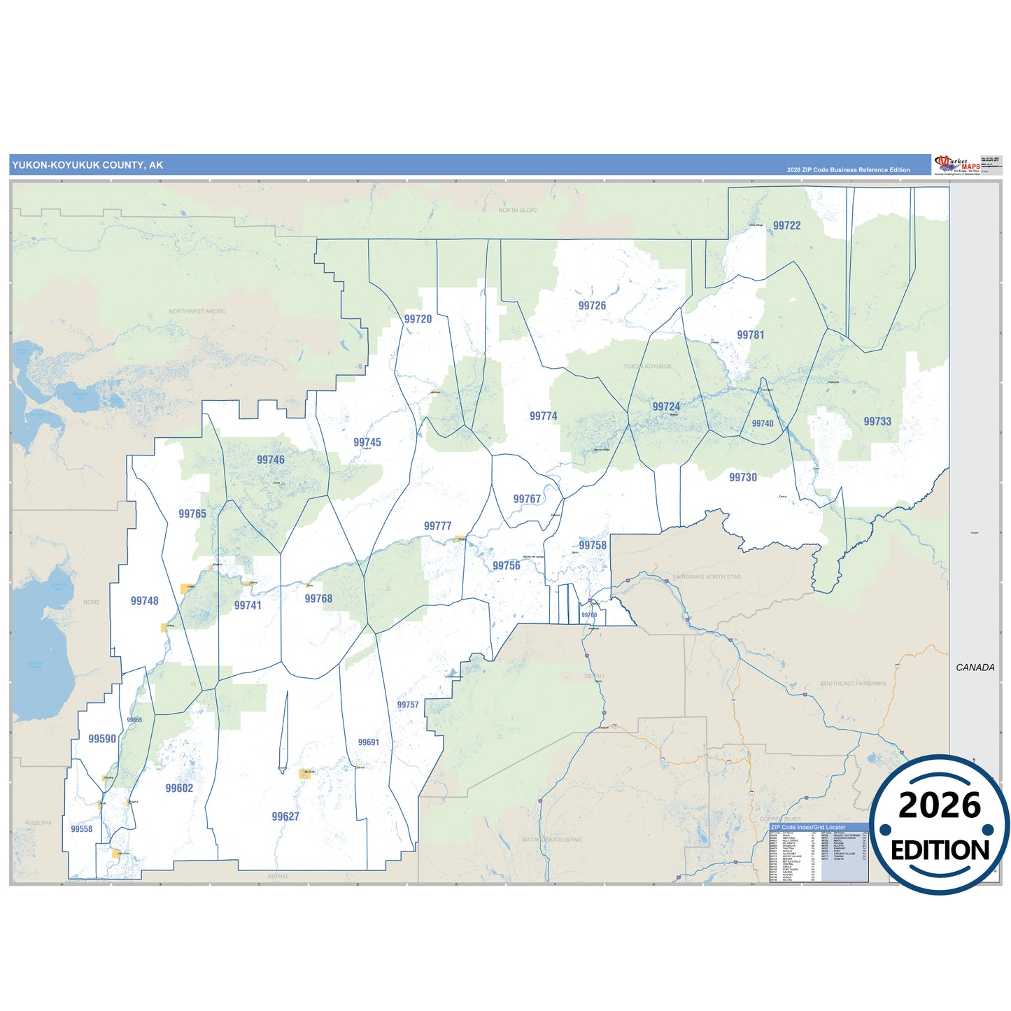 Yukon-Koyukuk County, AK Business Reference 5-Digit ZIP Code Wall Map