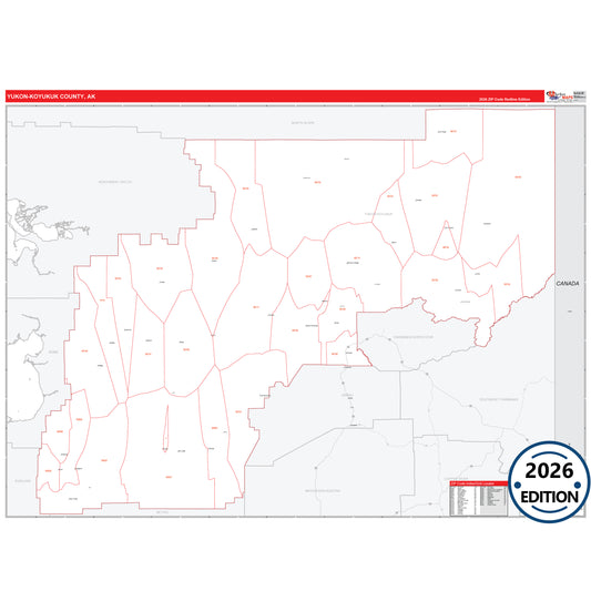 Yukon-Koyukuk County, AK Red Line map with 5-digit ZIP codes, major roads, cities, and county boundaries.