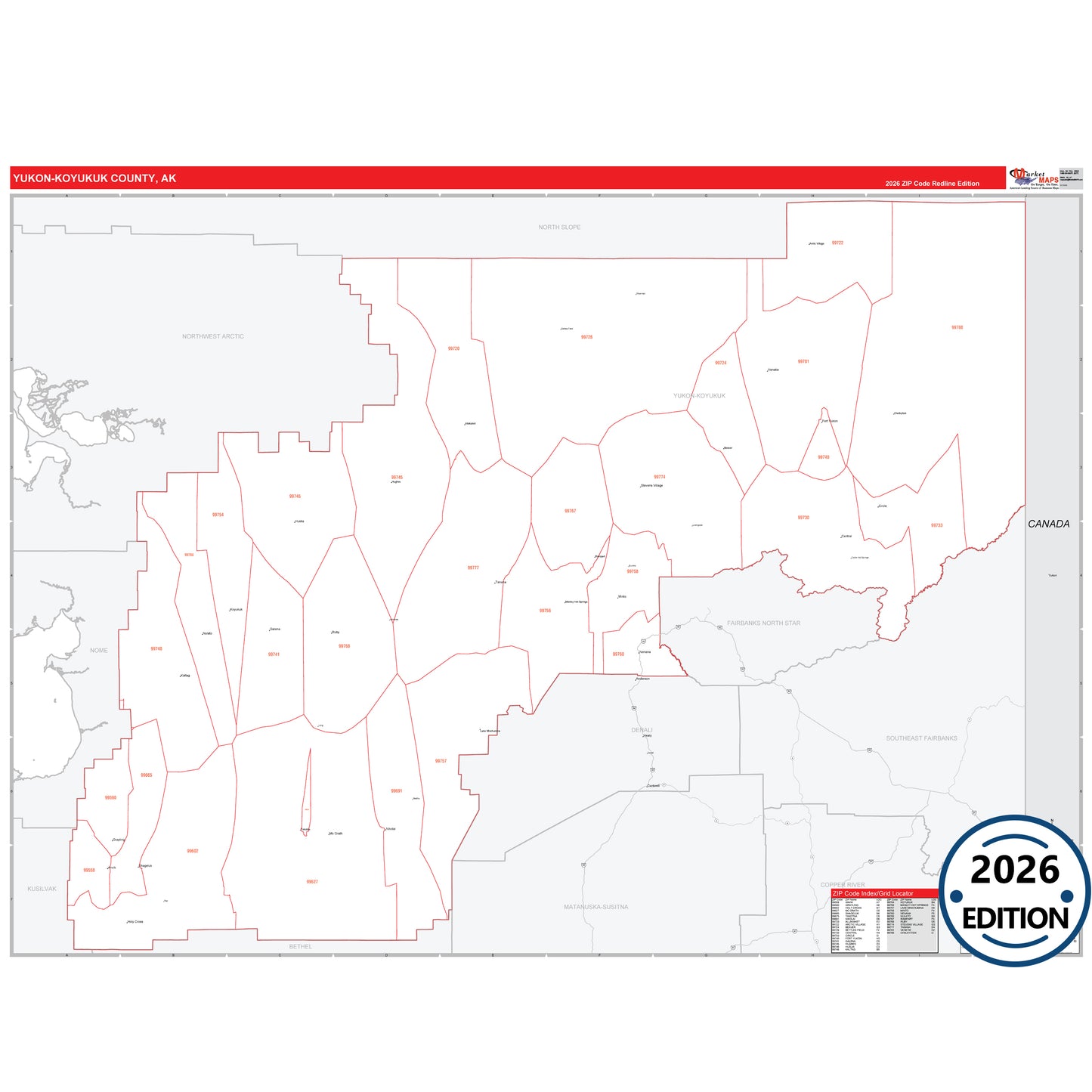Yukon-Koyukuk County, AK Red Line map with 5-digit ZIP codes, major roads, cities, and county boundaries.