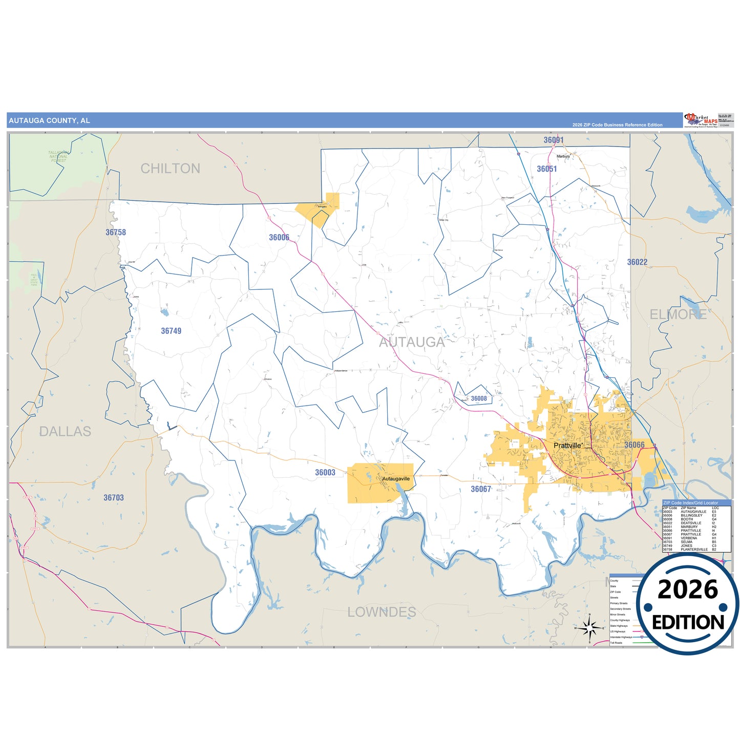 Autauga County, AL Business Reference 5 Digit ZIP Code Wall Map