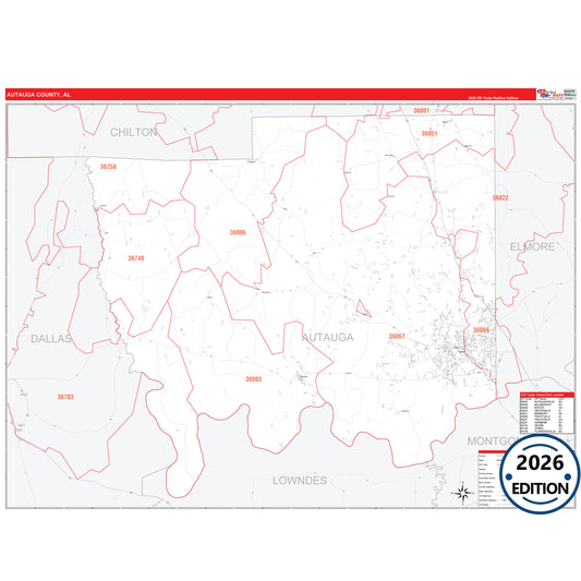 Autauga County, AL Red Line 5 Digit ZIP Code Wall Map