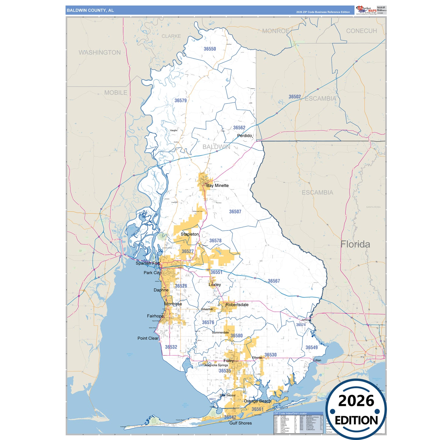 Baldwin County, AL Business Reference 5 Digit ZIP Code Wall Map