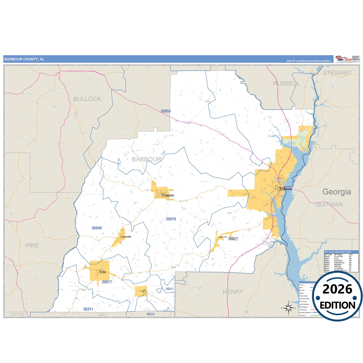 Barbour County, AL Business Reference 5 Digit ZIP Code Wall Map