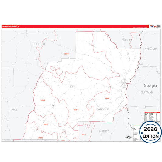 Barbour County, AL Red Line 5 Digit ZIP Code Wall Map
