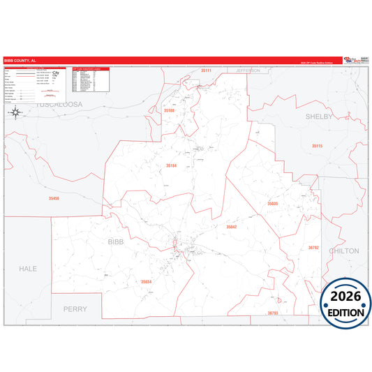 Bibb County, AL Red Line 5 Digit ZIP Code Wall Map