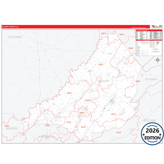 Blount County, AL Red Line 5 Digit ZIP Code Wall Map