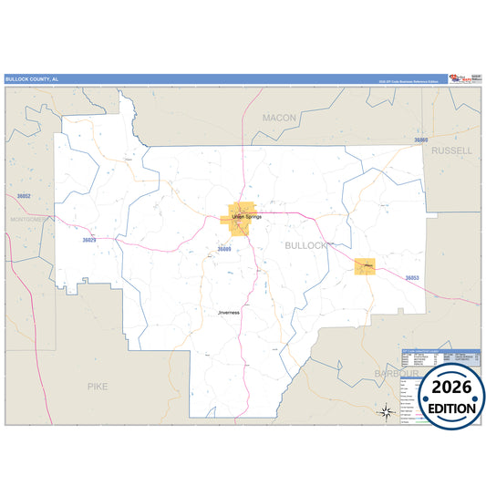 Bullock County, AL Business Reference 5 Digit ZIP Code Wall Map