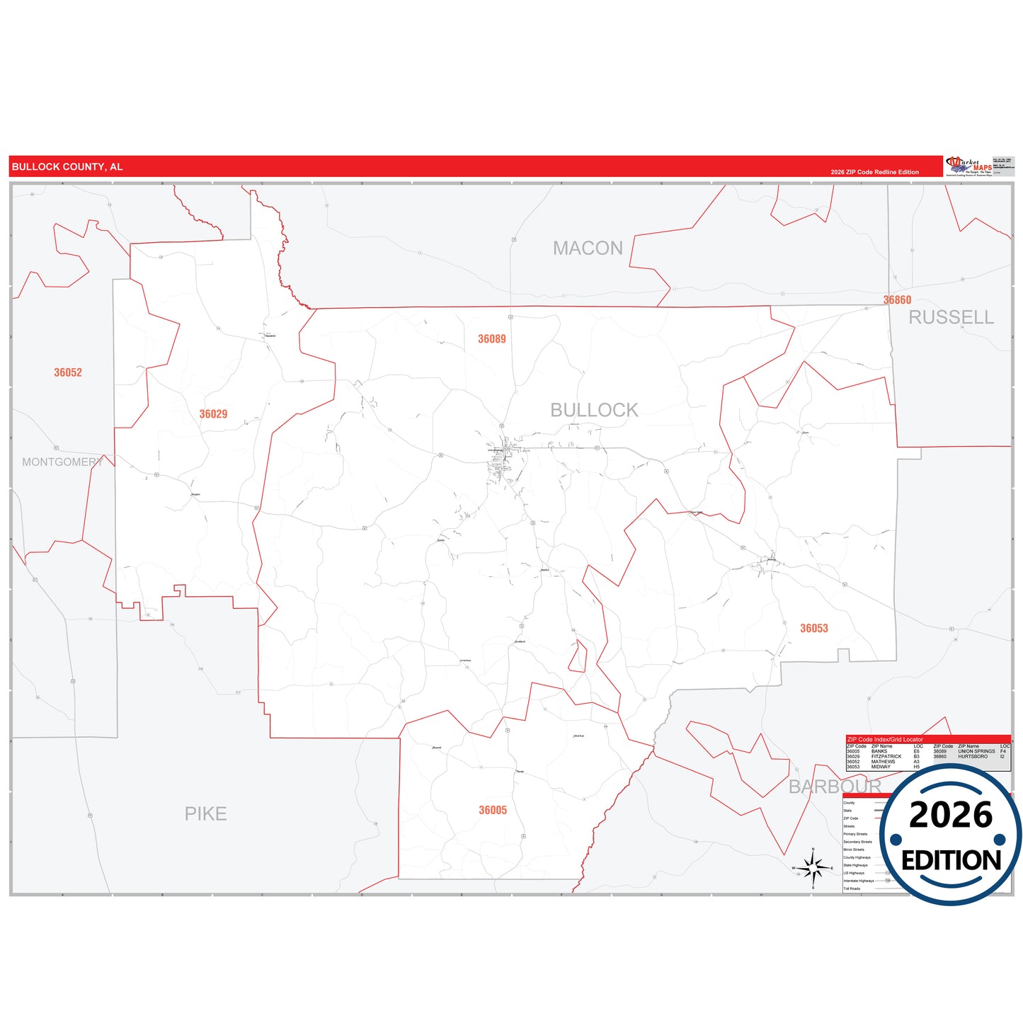 Bullock County, AL Red Line 5 Digit ZIP Code Wall Map
