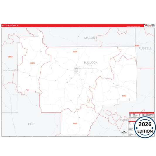 Bullock County, AL Red Line 5 Digit ZIP Code Wall Map